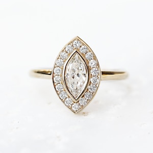 Marquise Natural Diamond / Lab Diamond Halo Ring, Bezel Setting Ring, 14K Gold Unique Engagement Ring, Minimal Diamond Halo Ring - Ola