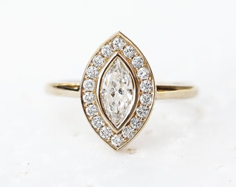 Marquise Natural Diamond / Lab Diamond Halo Ring, Bezel Setting Ring, 14K Gold Unique Engagement Ring, Minimal Diamond Halo Ring - Ola