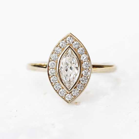 Marquise Natural Diamond / Lab Diamond Halo Ring, Bezel Setting Ring, 14K Gold Unique Engagement Ring, Minimal Diamond Halo Ring - Ola
