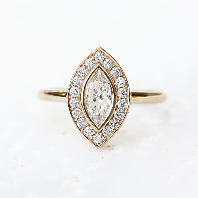 Marquise Natural Diamond / Lab Diamond Halo Ring, Bezel Setting Ring, 14K Gold Unique Engagement Ring, Minimal Diamond Halo Ring - Ola