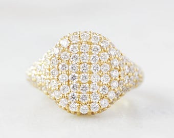 Genuine 14K Solid Gold Diamond Signet Ring, Pinky Ring, Pave Diamond Ring, Statement Jewelry, Gift for Her