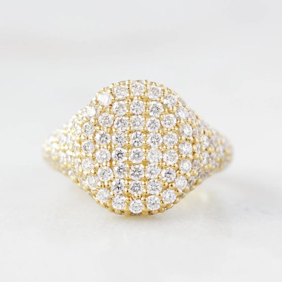 Genuine 14K Solid Gold Diamond Signet Ring, Pinky Ring, Pave Diamond Ring, Statement Jewelry, Gift for Her