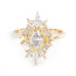 Oval Diamond Unique Engagement Ring, Geometric Ring, Yellow Gold Art Deco Engagement Ring, Marquise & Baguette Diamonds, Great Gatsby