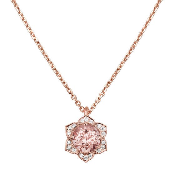 Morganite & Diamonds Flower Pendant Necklace, Vintage Flower Necklace, Unique Pendant Necklace, Art Deco Necklace, Morganite Pendant Lily