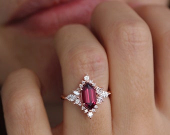 Red Garnet, Rhodolite Elongated Hexagon and Diamonds Halo, Modern Royal Gemstone Engagement Ring,  Nora