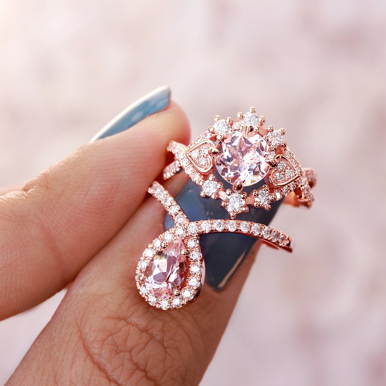 Morganite Engagement Wedding Ring Set, Unique Engagement Ring Pear Morganite & Diamonds Halo, Pear Shape Wedding Ring Set Gemstone Bliss image 4