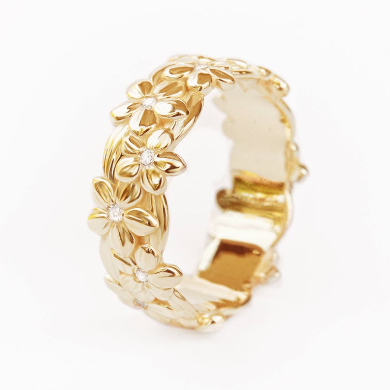 Unique Floral Diamond Wedding Band 14K Gold Band Ring Flower Etsy