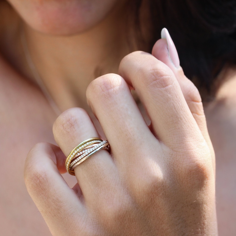 Tricolor Ring Set, 6 Rolling Rings, Diamond Bands, 14K, 18K Gold, Unique Handmade Gold And Diamond Anniversary Ring, Unique Wedding Ring image 1