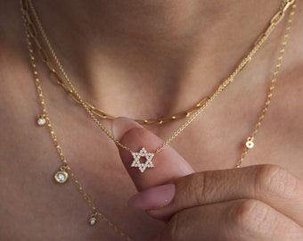 10mm Star of David Diamond Pendant Gold Necklace Am Israel Chai, judaica jewelry, jewish gift, bat mitzva gift, Stand with Israel