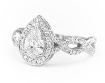 Pear Lab Diamond Halo Engagement Ring Twist Shank, 14K or 18K Gold, White Yellow or rose gold