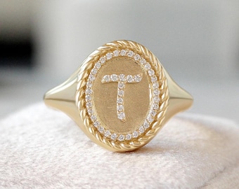 Gold Signet Ring, Diamond Initial Ring, Personalized Ring, Custom Initial Jewelry, Gift for Him/Her
