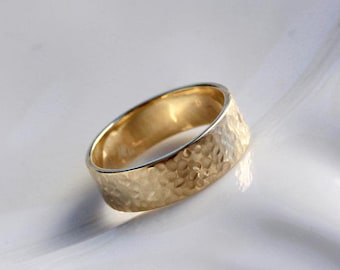 14K Solid Gold Unisex Wedding Ring: Wide Hammered Textured Men's Band
