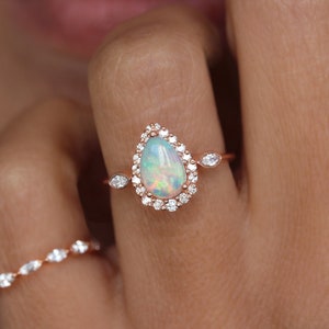 Pear Opal Diamond Halo Engagement Ring, Beautiful and Unique, Special Opal Gemstone, Outstanding Magical Opal Ring, Stunning Art-Deco, Zoe