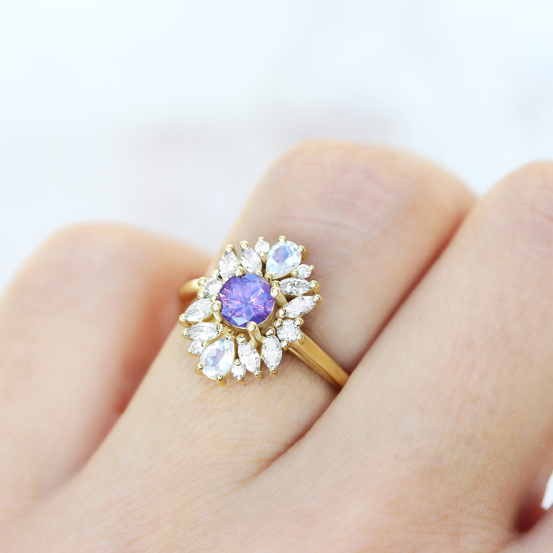 Round Lavender Sapphire & Diamonds pear moonstone ring Art | Etsy