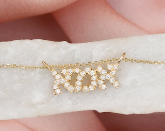 Hebrew Mom Diamond Pendant, 14K Solid Gold Mother Necklace, Hebrew Letters Charm, New Mom Pendant Necklace, Push Present, New Birth Gift