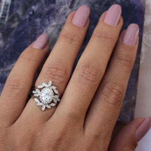 Oval Diamond Floral Engagement Ring Set with Leaves Band, 14K Solid Gold Engagement Ring Set, Art Deco Proposal Ring, Anniversary Ring