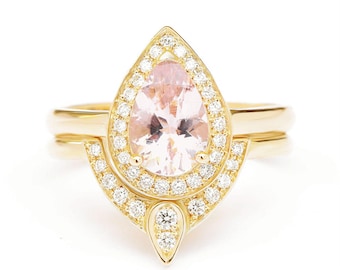 Pear Morganite and Diamonds Halo Rings Set with Crown Leaves Diamond Wedding Ring, Rose Gold Pink Morganite Bridal Set - The 3rd Eye