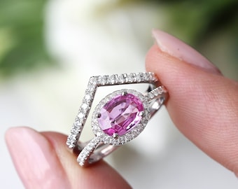 East West Oval Set Pink Sapphire & Diamond Halo Engagement Ring, Unique Blushed Pink Gemstone And Diamond Anniversary Ring - Ivy