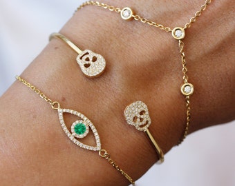 Evil Eye Diamond Bracelet With Green Emerald, 14K Solid Gold, Birthday Gift  Bracelet For Woman, White Gold/ Rose Gold/ Yellow Gold