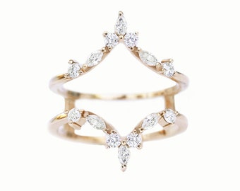 Ring Guard, Curve Diamond Ring Enhancer, Nesting chevron V Wedding Rings, Connected rings, Marquise and round diamonds, Unique Gold Rings