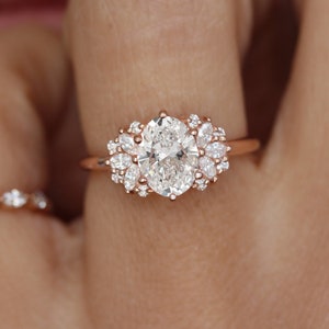 Oval Moissanite, Marquise Diamonds Ornament Modern Engagement Ring, Cluster Engagement Ring, 14K/18K Solid Gold, Women Wedding Ring, Rosalia