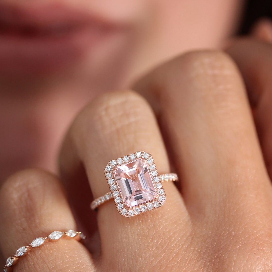 Heart Pink Morganite and Diamond Halo Ring