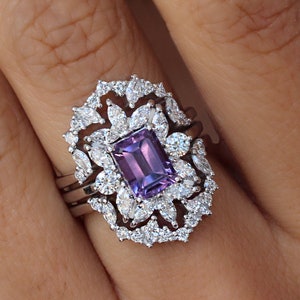 Emerald Cut Natural Amethyst Engagement Ring with Diamond Ring Guard, Purple Gemstone Wedding Ring Set, Unique Ring Set, Charlotte