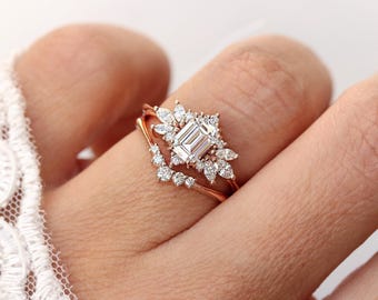 Rose Gold Emerald Cut Diamond Wedding Ring Set, Vintage Cluster Engagement Bridal Set