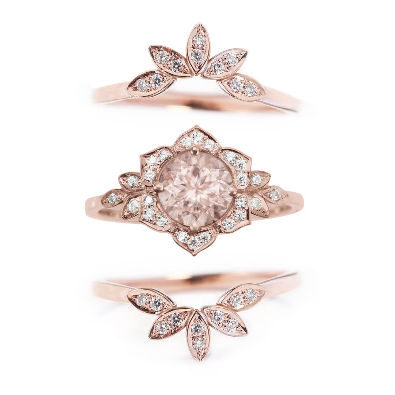 Flower Morganite Diamond Rings Set, Round Morganite Flower Ring with Two Leaves crown rings, Rose Gold Engagement Ring Lily Trio image 2
