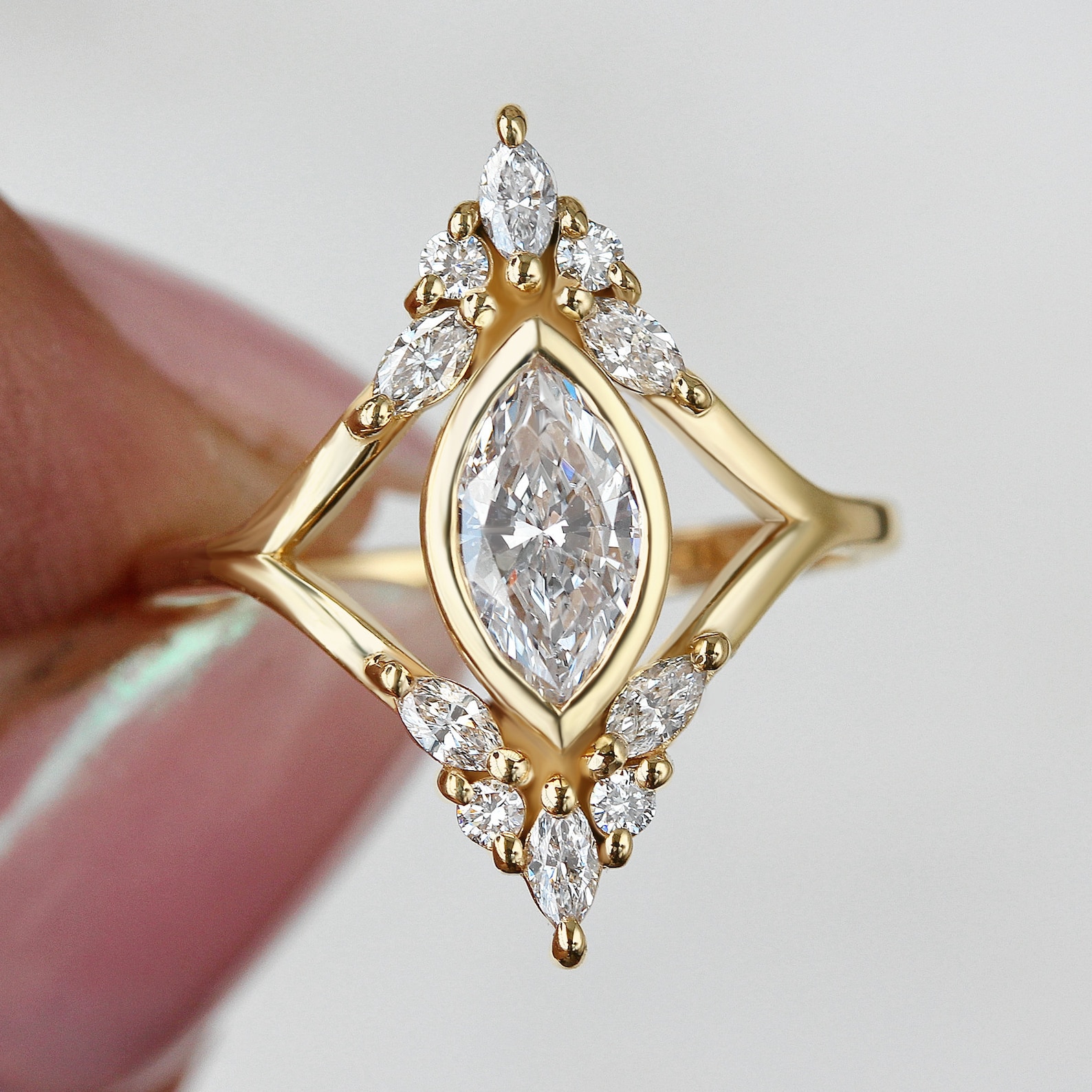 Marquise Diamond Bezel Set Unique Engagement Ring Vintage Etsy