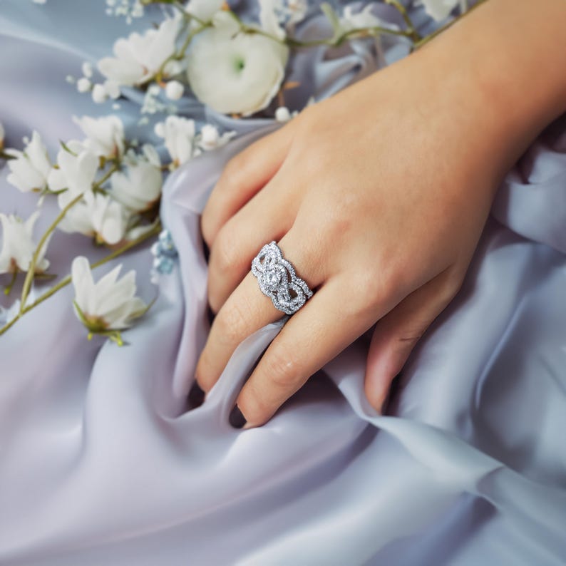 1.45 CT Art Deco Round Diamond Engagement Ring With Two Wedding Bands, Infinity Engagement Ring, Vintage Rings, Pave Diamond Ring
