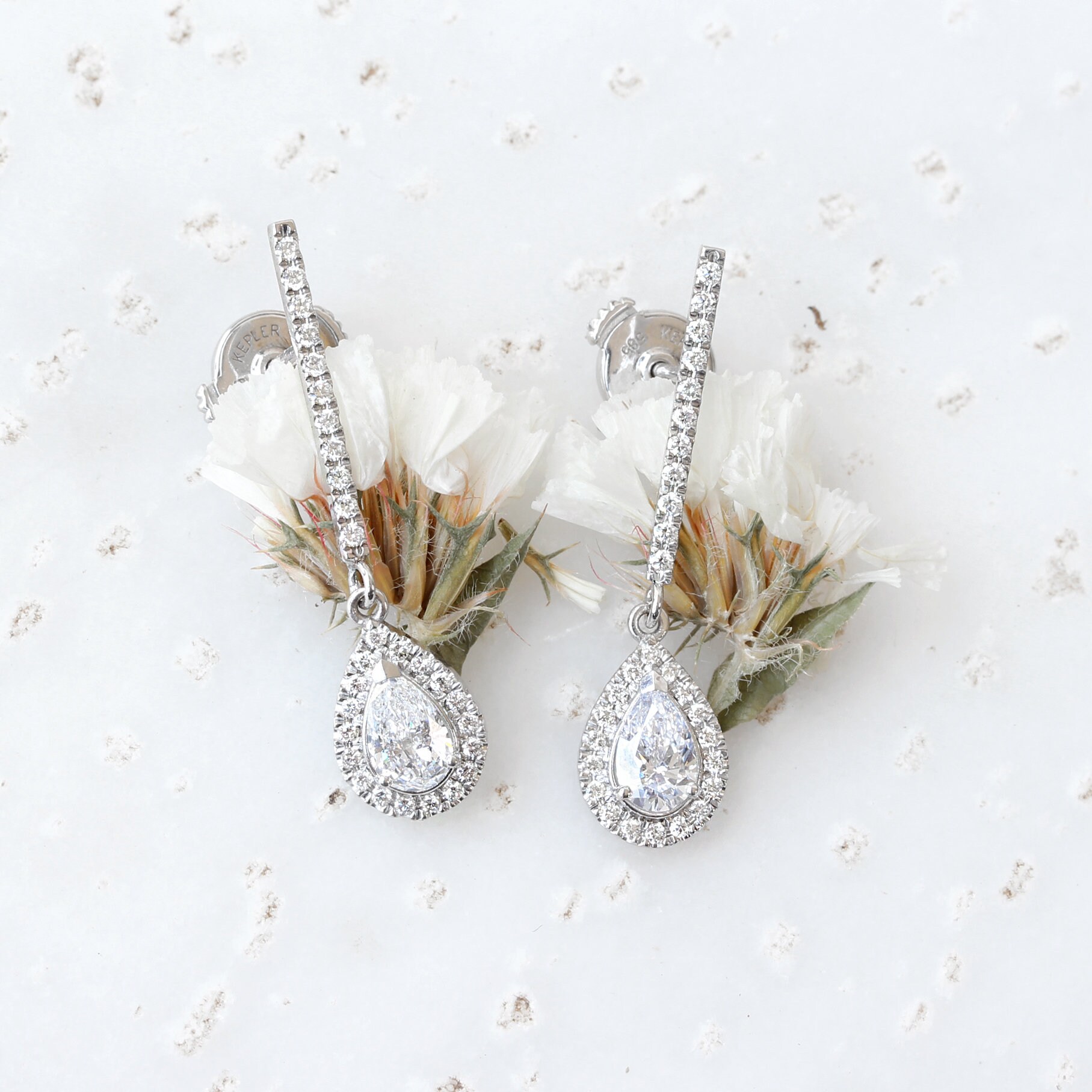 1.58ct Diamond Bar Stud Pear Diamond Halo Teardrop Earrings