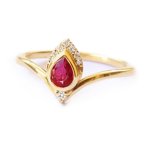 Pear Ruby and Diamond 14K Yellow Gold Engagement Ring, Unique Natural Gemstone Ruby Diamond Engagement Ring, Hindi Ring &#39;Atyasha&#39;
