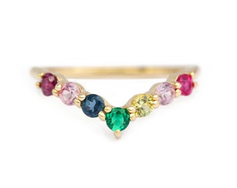 Multicolored Gemstone V Ring, Unique Rainbow Band, 14K/18K Gold Colored Gemstone Ring, Rainbow Band, Birthstone Jewelry, Chevron Band