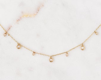 Delicate Diamond drops delicate diamond necklace, 14K gold, 40cm long, Simple and Elegant, Minimal Jewelry