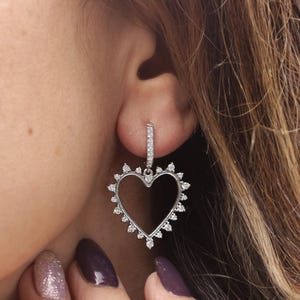 14K Gold Diamond Heart Dangle Earrings, Statement Bridal Jewelry, Diamond Heart Drop, Pave Hoop Earrings, Dangling Heart Charm, Gift for Her