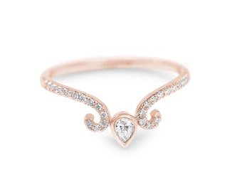 Unique Diamond Wedding Band, Unique nesting ring, Pear Diamond Bezel Ring, Contour Ring, 14K Gold Band, Anniversary Diamond Band, Ariana