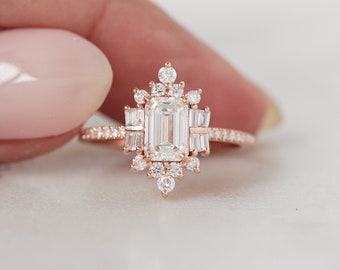 Emerald Cut Diamond Unique Artg Deco Engagement Ring. Baguette Diamonds, Alternative engagement 14K, 18K Gold Ring.  The Mirror Palace