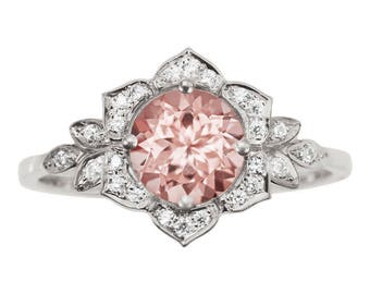 Morganit Verlobungsring, Vintage Lilienring, einzigartige Verlobungsring, Blattring, Art-Deco-Ring, Blumenring, Rosa Morganit Blumenring