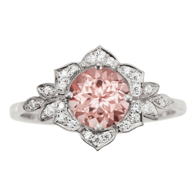 Morganite Engagement Ring, Vintage Lily Ring, Unique Engagement Ring, Leaf Ring, Art Deco Ring, Flower Ring, Pink Morganite Floral Ring image 1