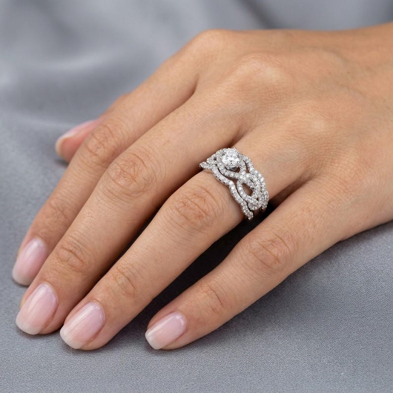 1.45 CT Art Deco Round Diamond Engagement Ring With Two Wedding Bands, Infinity Engagement Ring, Vintage Rings, Pave Diamond Ring