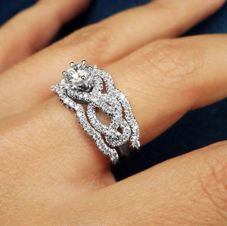 1.45 CT Art Deco Round Diamond Engagement Ring With Two Wedding Bands, Infinity Engagement Ring, Vintage Rings, Pave Diamond Ring