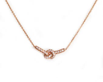 Knot Necklace, Choker 14K White Gold Necklace, Love Knot Pendant, Natural Diamond Necklace, Anniversary Gift, 14K Rose Gold Bridal Necklaces
