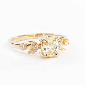Oval Yellow Diamond Unique Engagement Ring, Celestial Hindi Moon Wedding Ring, Lunar Promise Ring, Yellow Diamond Ring, Indie Bride