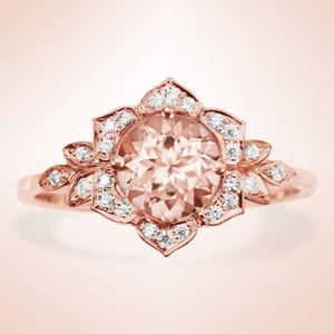 Morganite Engagement Ring, Vintage Lily Ring, Unique Engagement Ring, Leaf Ring, Art Deco Ring, Flower Ring, Pink Morganite Floral Ring image 5