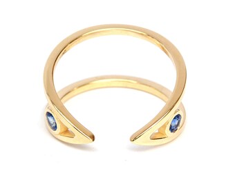 Sapphires & Gold V Cuff Rings , Open Gold Blue Sapphire Ring, Unique Cuff Ring, Evil Eye Cuff Ring, September Birthstone, Blue Sapphires