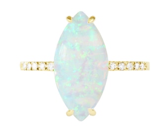 Synthetic Opal Marquise & Diamond Engagement Ring, Gold Gemstone Ring, Multistone