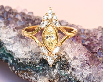 Marquise Yellow Diamond Bezel Set Unique Engagement Ring, Vintage Engagement Ring, Art Deco Promise Ring, Cluster Diamond Ring, Audrey