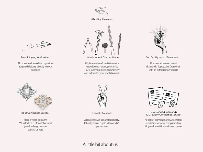 May include: A graphic illustration of a diamond ring with a large center stone and smaller stones on the band. The illustration is surrounded by text that reads "Free Jewelry Design Service" and "From a vision to reality, We offer free customization and jewelry design service contact us here".