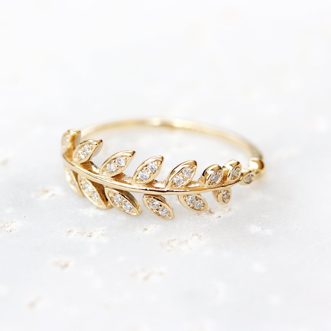 Diamond Leaves Band, Gold Leaves Ring, Gold Olive Branch Ring